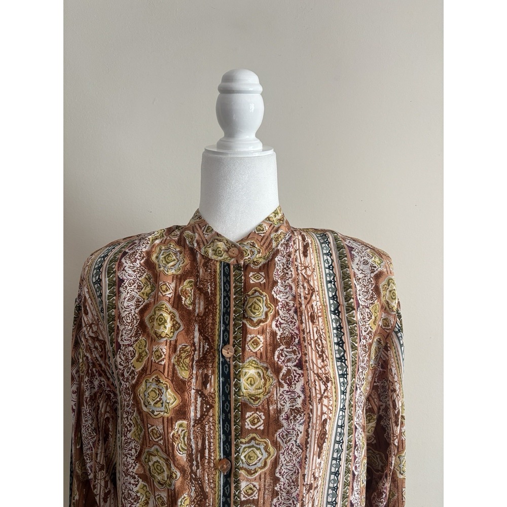 Vintage 80s Adolfo Expressions Womens Medium SILK Button Up‎ Top Brown Blue - Picture 2 of 6